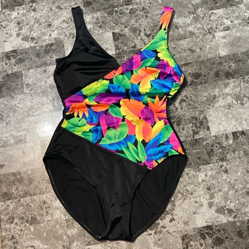 Maillot Baltex "Body I.D." 90's Tropical One-Piece Swimsuit - Size 14 C/D